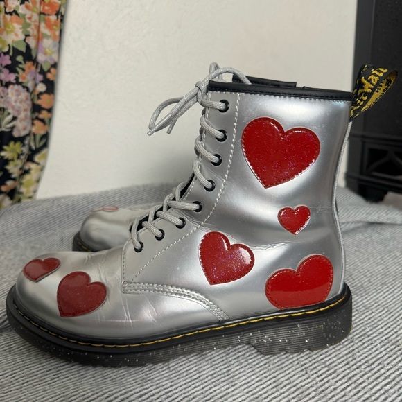 Dr. Martens Shoes - Dr. Martens Silver Combat Boots with Red Heart Accents